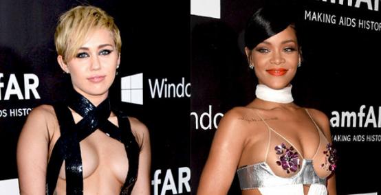 Miley Cyrus i Rihanna jednocześnie odsłaniają biusty 